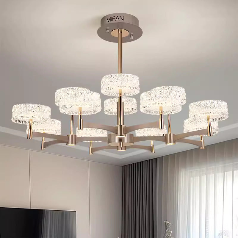 Modern chandelier with crystal-like design in a room setting, featuring the brand 'MIFAN'.
