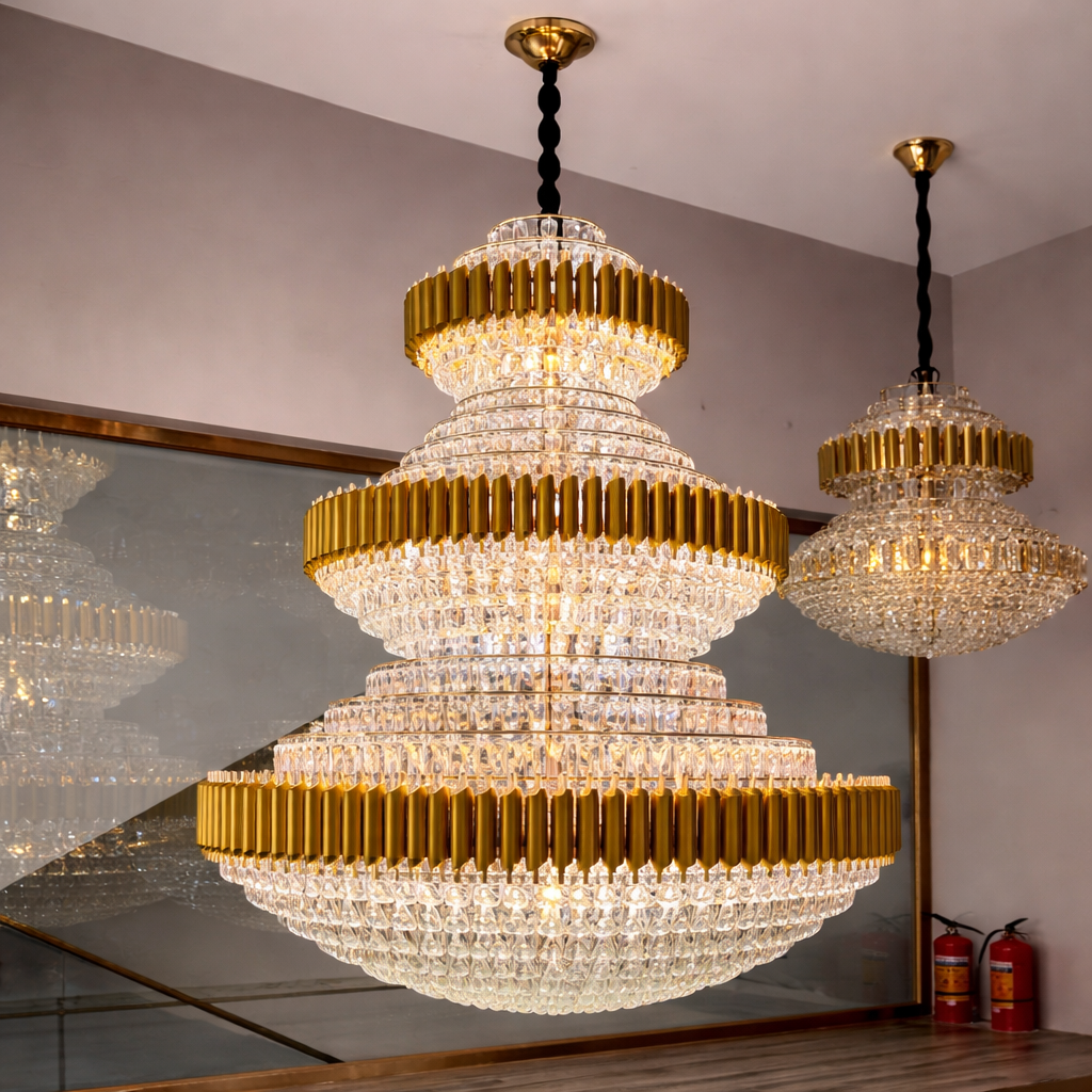3 Tier Gold Crystal Chandelier – Grand LED Lighting for High Ceilings