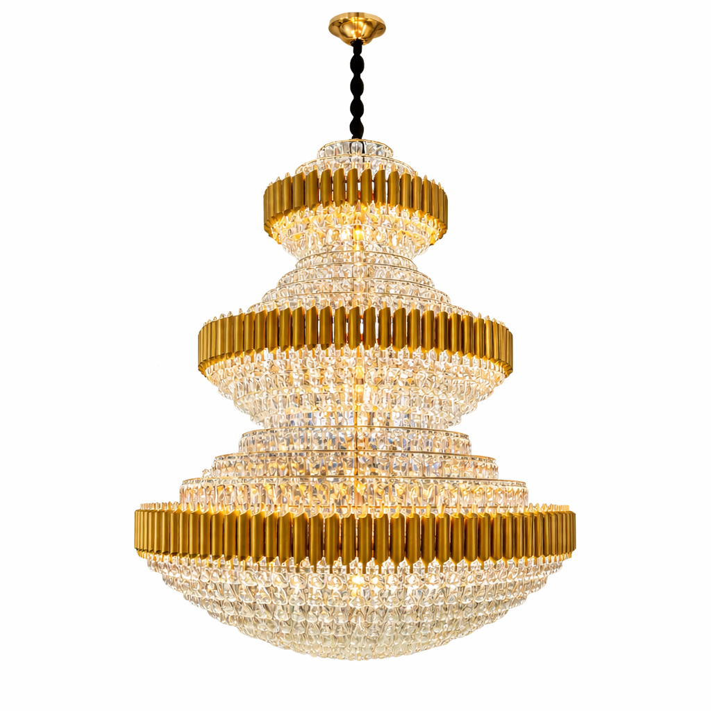 3 Tier Gold Crystal Chandelier – Grand LED Lighting for High Ceilings