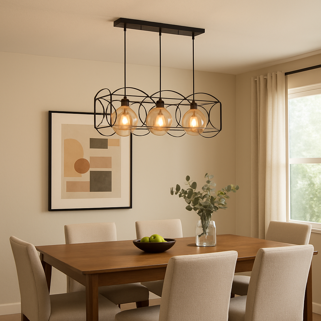 Dining room with a modern chandelier, wooden table, and chairs.