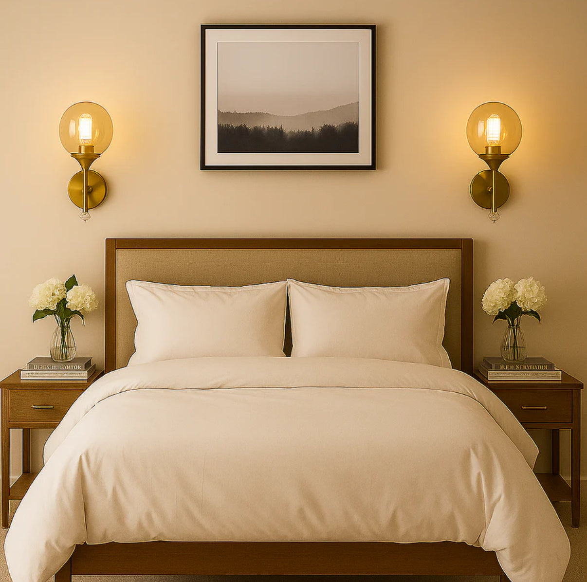 Neatly made bed with white bedding in a bedroom setting with wall lights and framed picture.