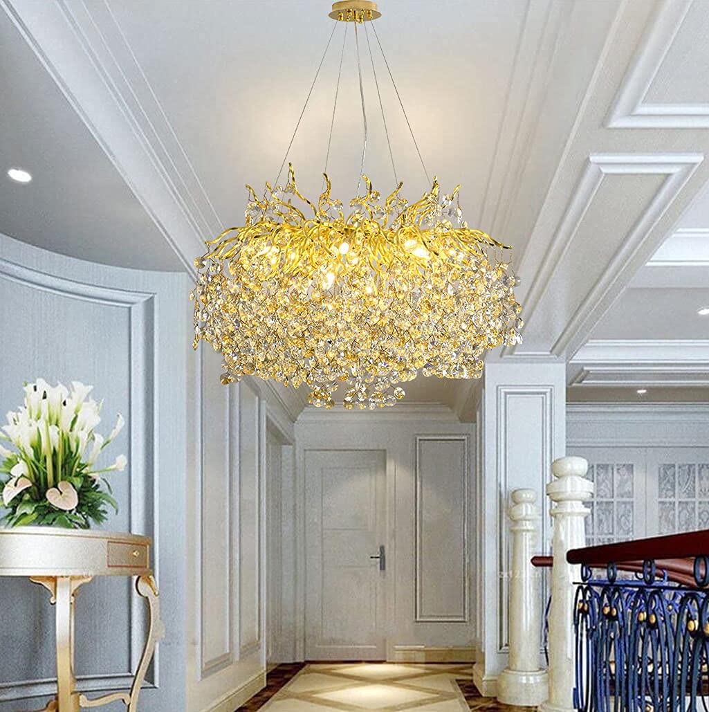 Luxurious chandelier hanging in a stylish hallway with decorative elements.