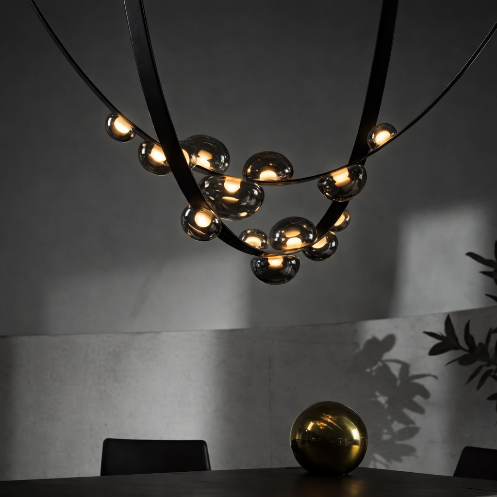 Modern chandelier with spherical bulbs in a dimly lit room.