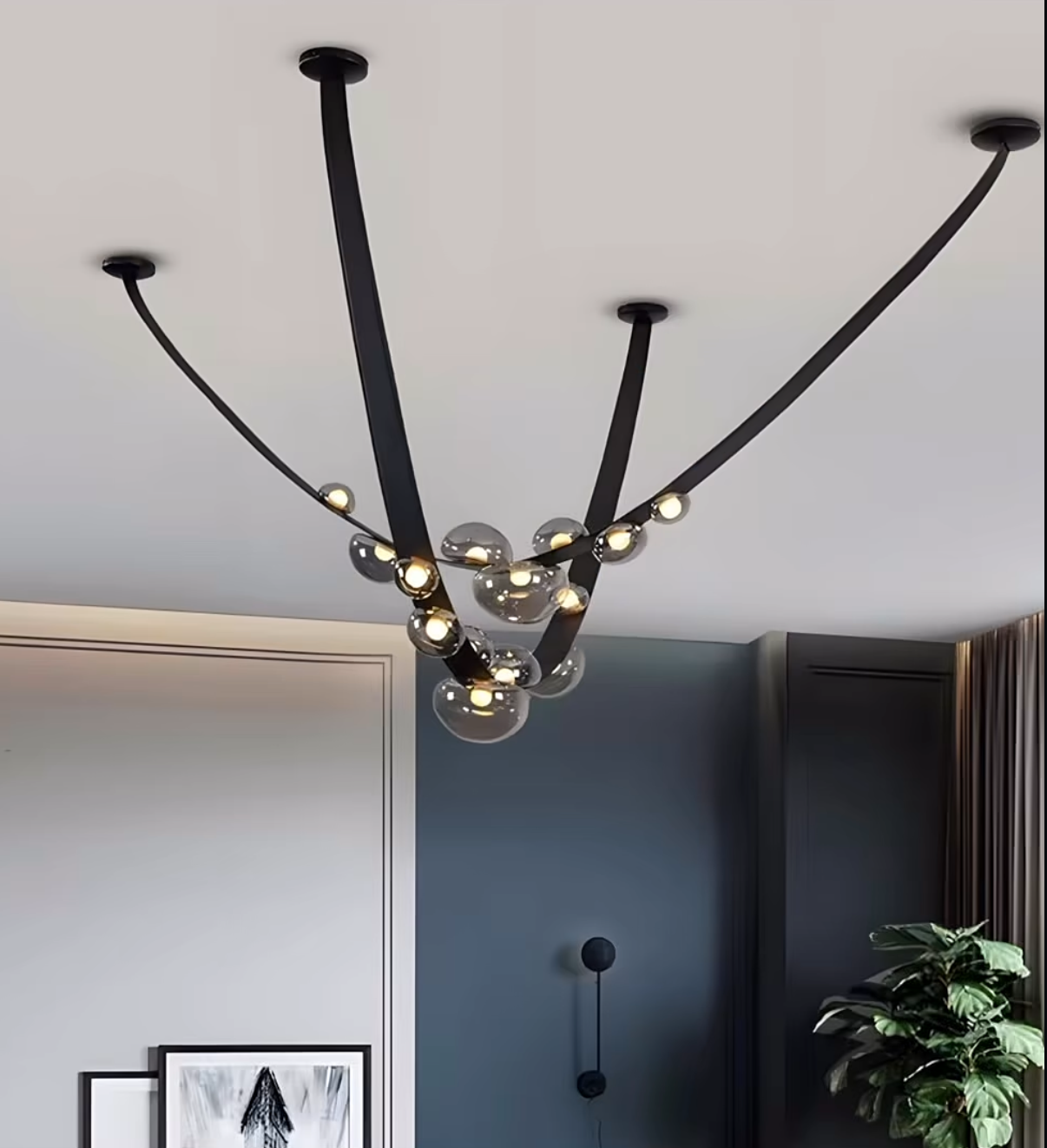 Black Leather Belt Smokey Glass LED Chandelier Hanging Stylish Lights