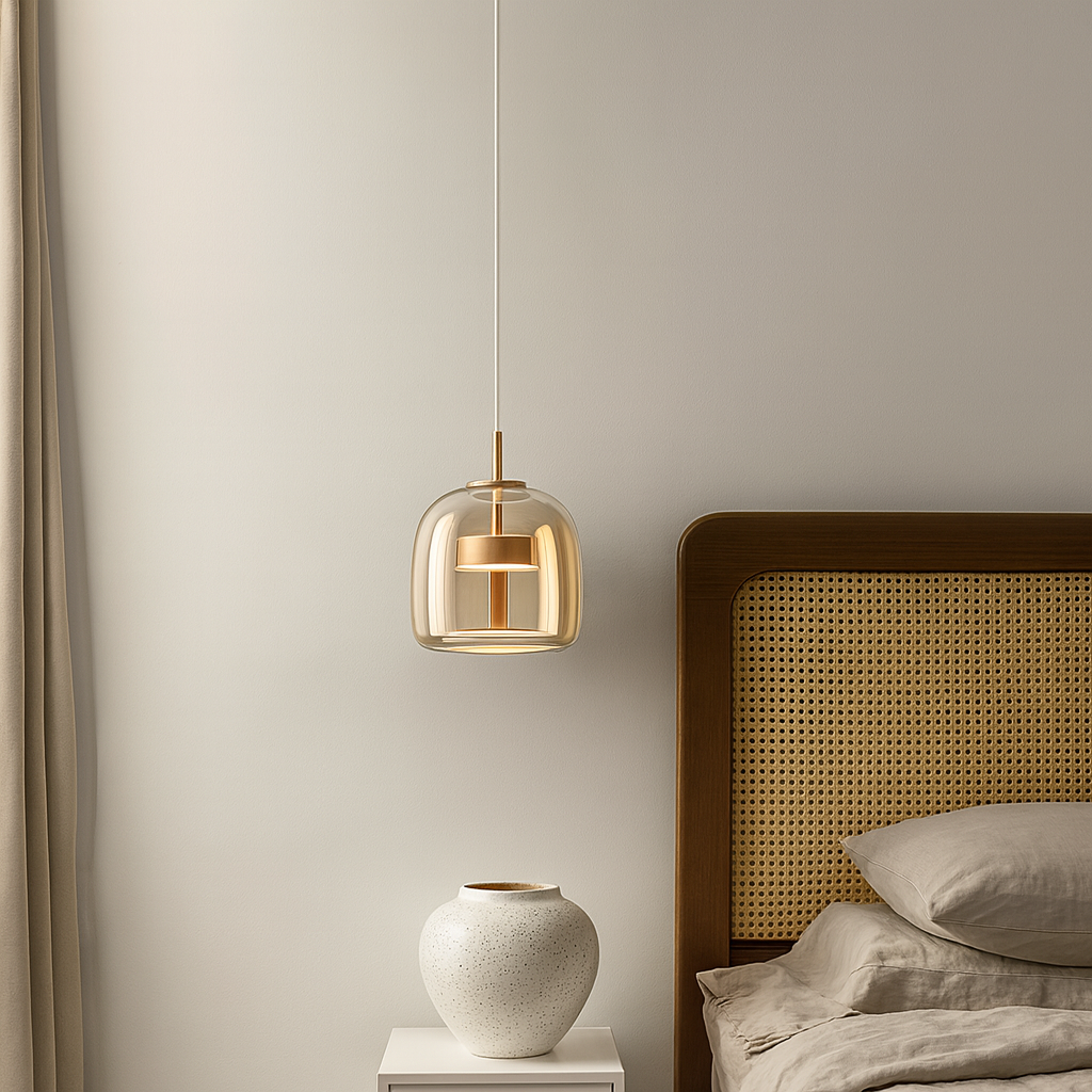Modern bedroom with a pendant light, vase, and bed.