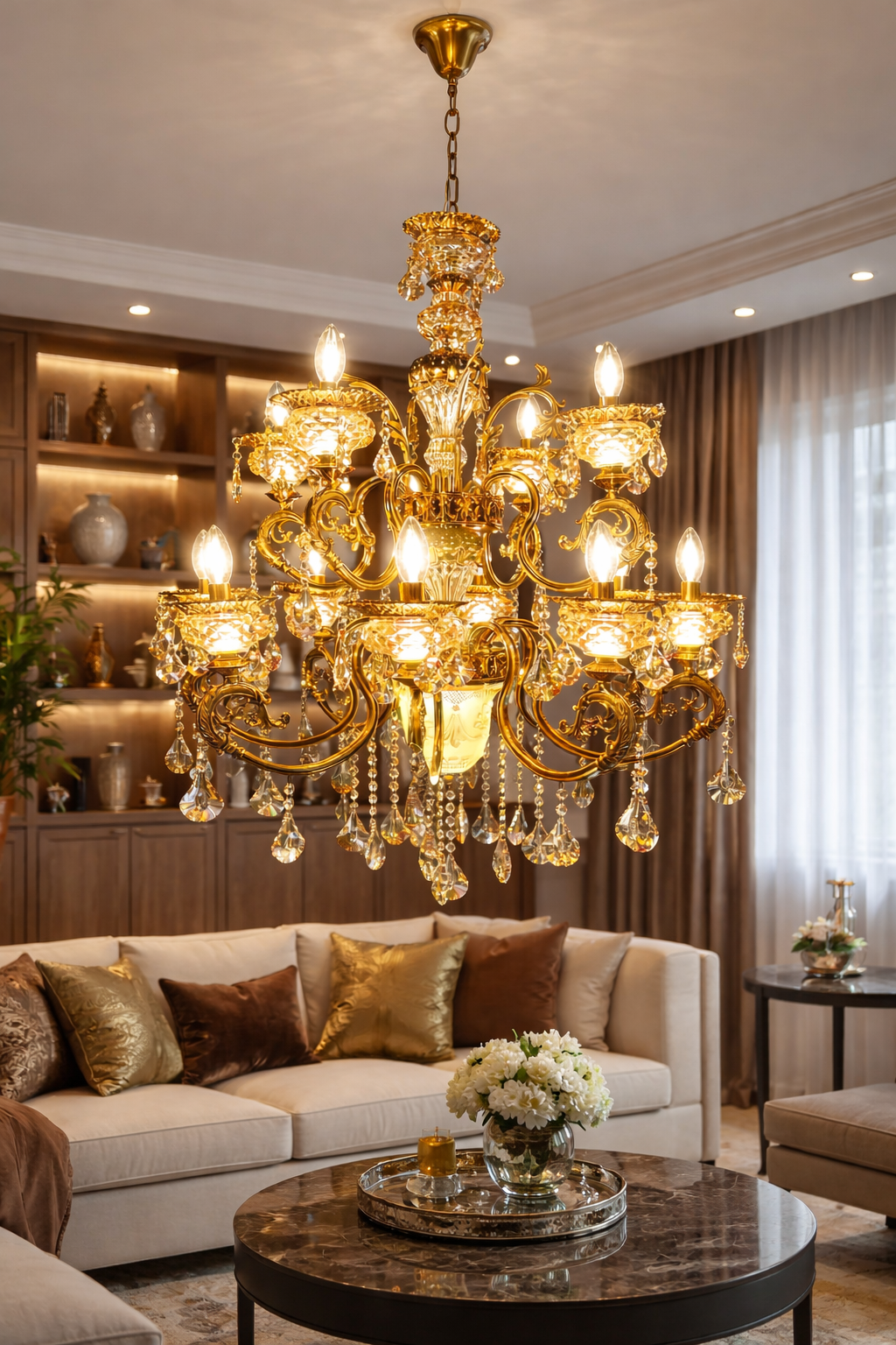 Luxurious living room with a grand chandelier, sofa, and decorative items.