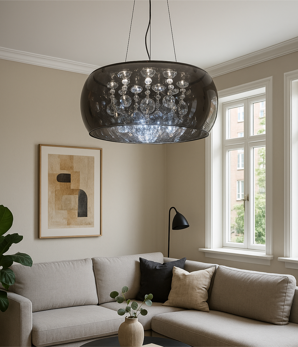 Modern living room with a large chandelier, sofa, and abstract art on the wall.