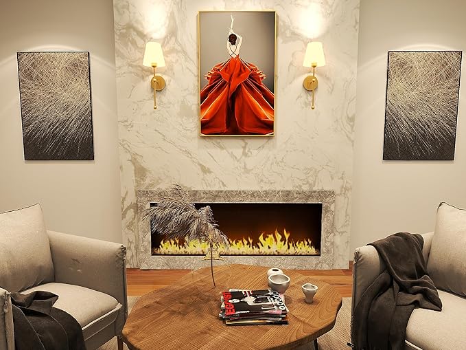 Living room with a fireplace, coffee table, and wall art