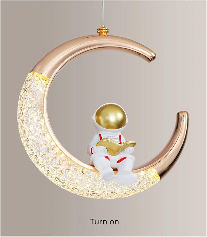 Decorative light fixture shaped like a crescent moon with an astronaut figure on a beige background.