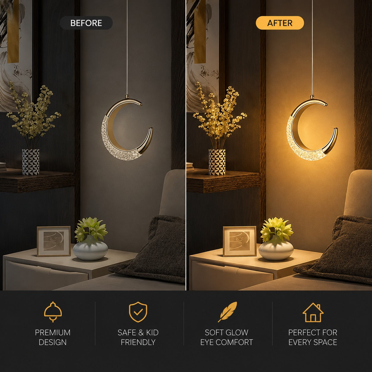 Crescent Half Moon Shining LED Lighting - Adjustable Modern Pendant