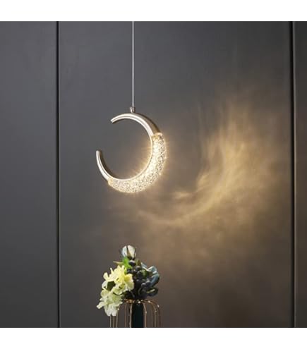 Moon-shaped pendant light hanging on a dark wall with a vase of flowers in the foreground.