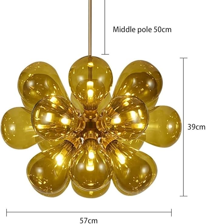 Gold chandelier with measurements on a white background