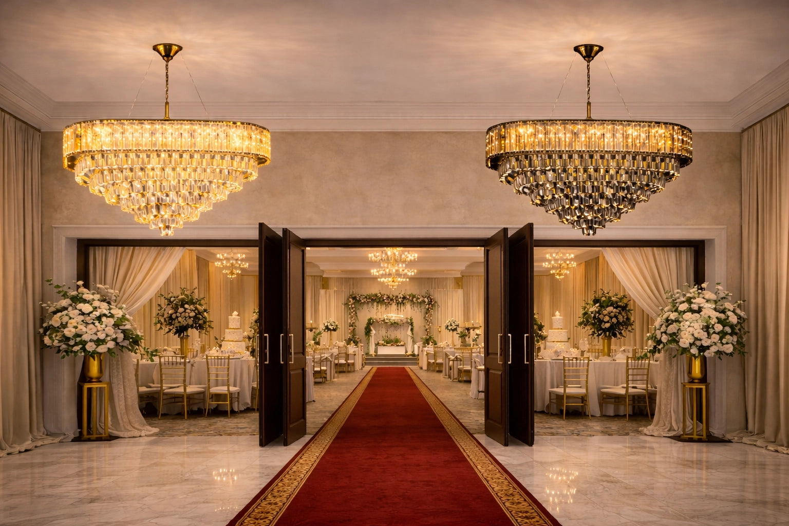 Luxurious event venue with chandeliers, red carpet, and floral arrangements.
