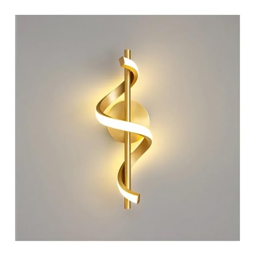 Modern gold wall sconce with a spiral design on a neutral background