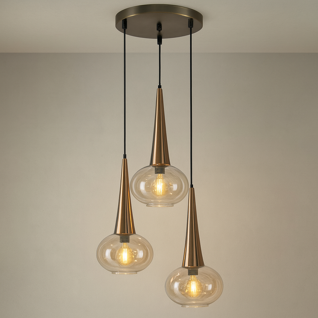 Modern pendant light with three glass bulbs on a neutral background