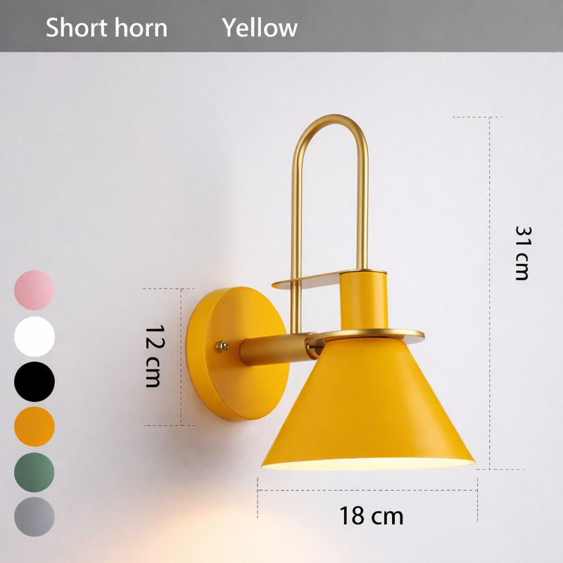 Yellow wall lamp with dimensions and color options on a white background