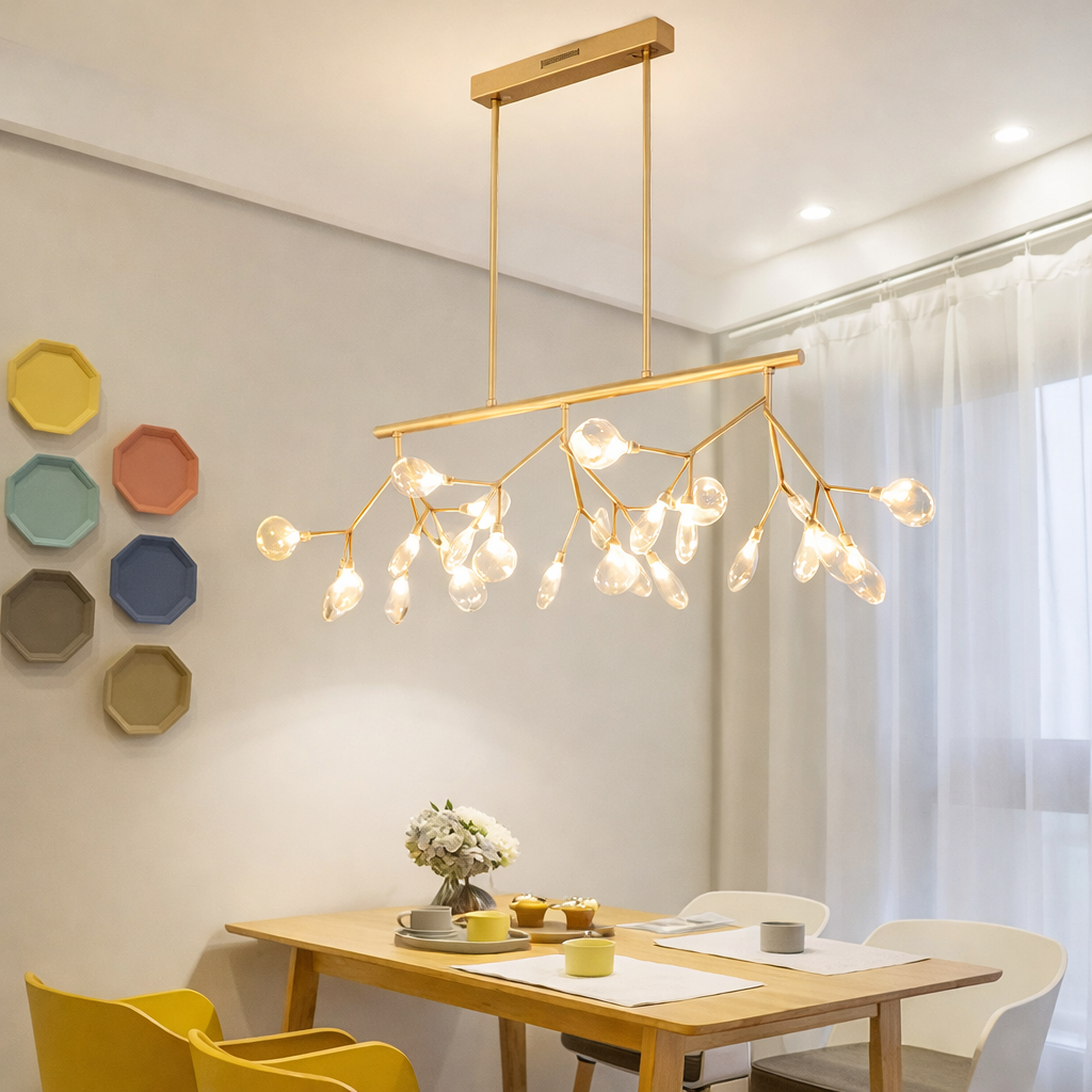 Modern chandelier hanging above a dining table with a neutral color scheme.