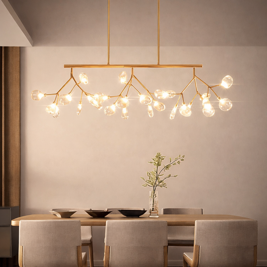 Modern dining room with a gold chandelier, wooden table, and gray chairs.