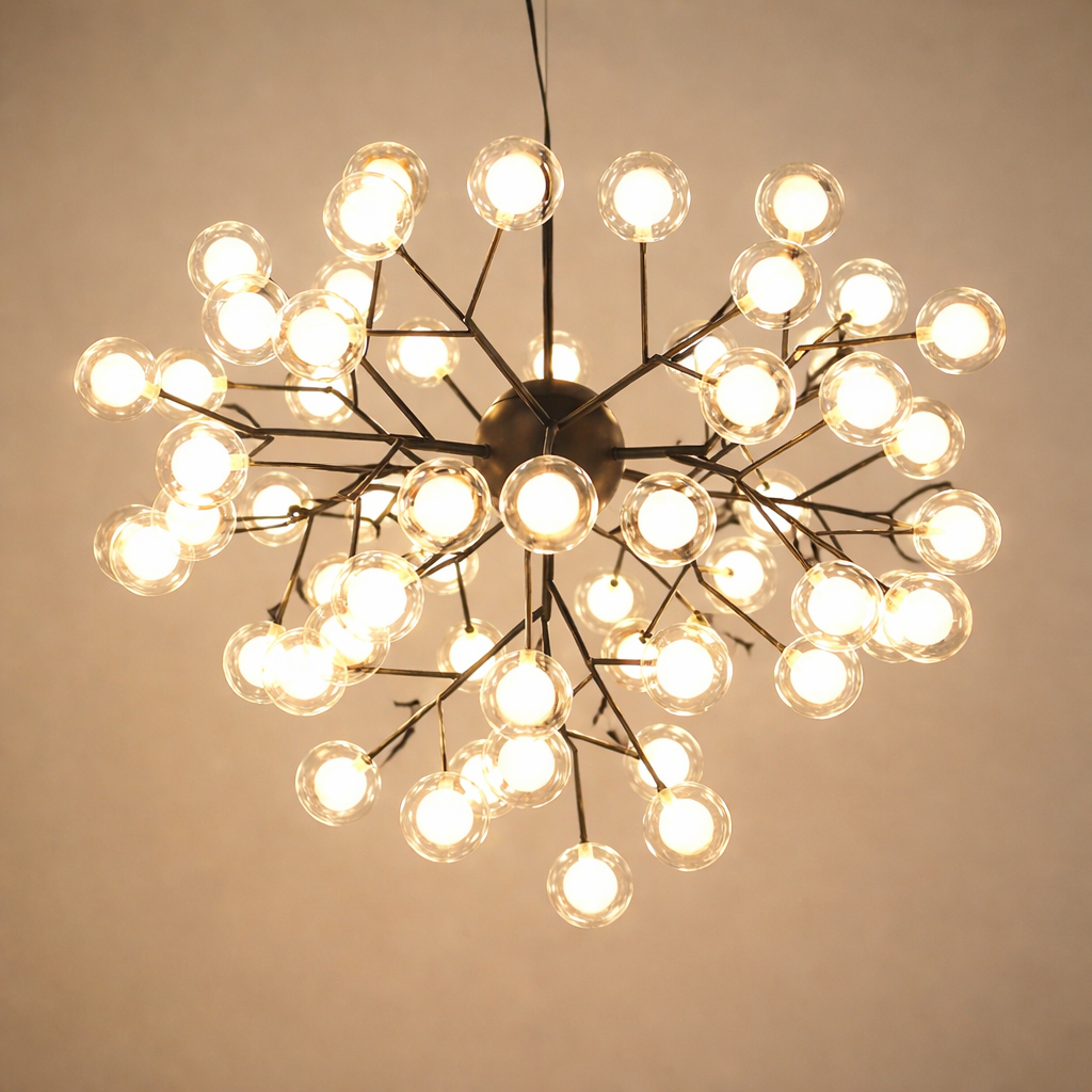 Modern chandelier with multiple light bulbs on a beige background