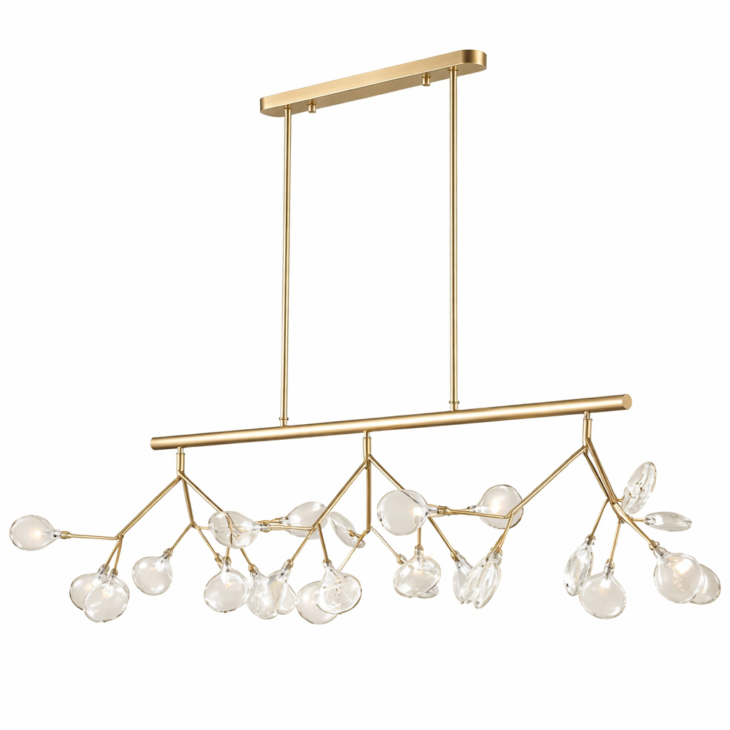 Gold chandelier with crystal-like beads on a white background