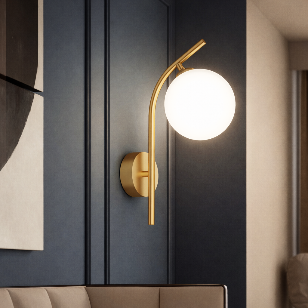 Modern wall sconce with gold arm and white globe light on a dark wall.