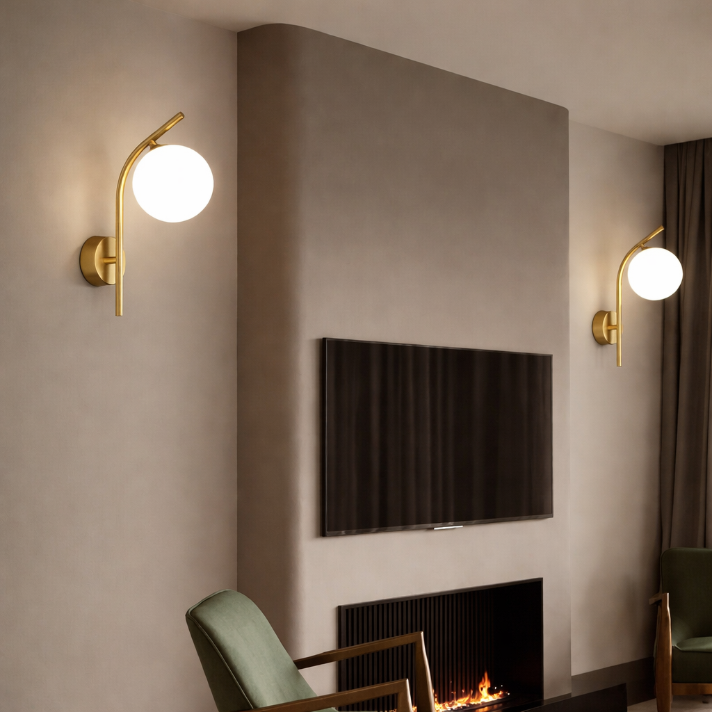 Modern living room with wall-mounted lights, TV, and fireplace.