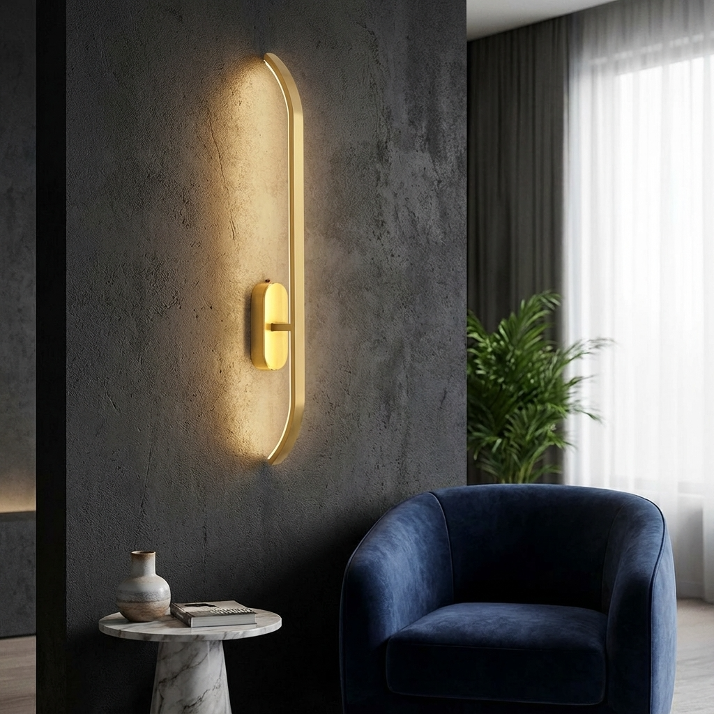 Modern wall sconce in a living room setting with a blue armchair and decorative items.