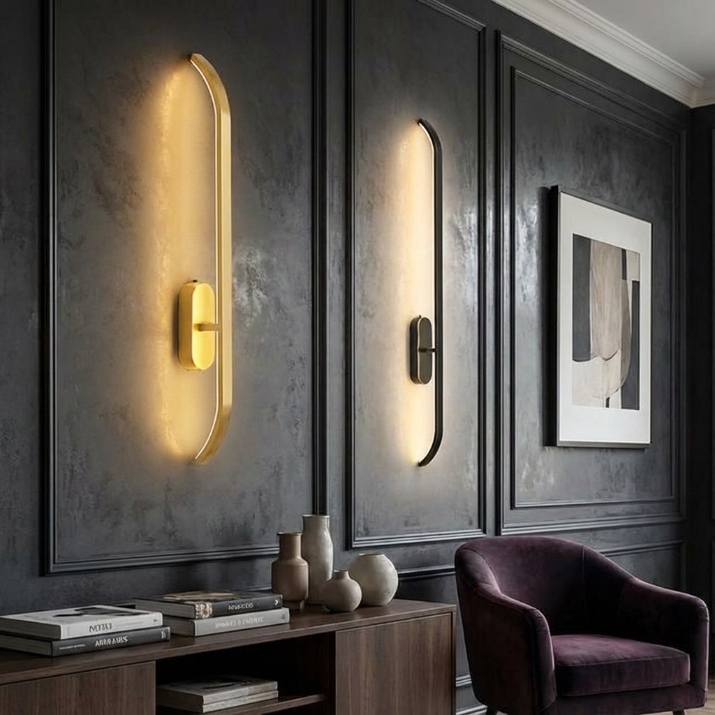 Modern wall sconces on a dark wall with a purple armchair and wooden console table.