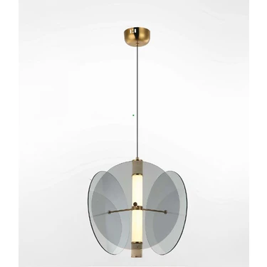 Modern pendant light with glass shade and gold accents on a white background