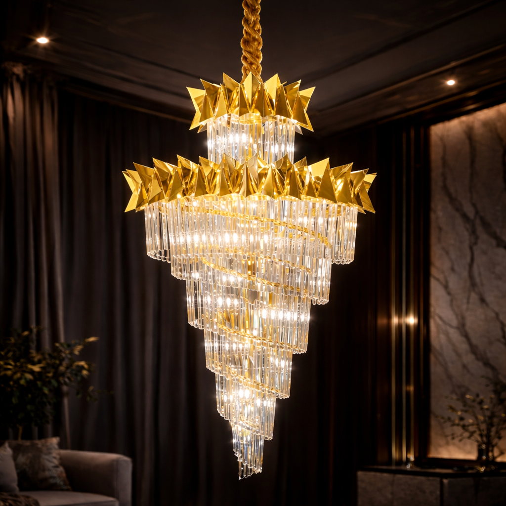 Golden Wedge Crystal Chandelier – Grand LED Statement Light