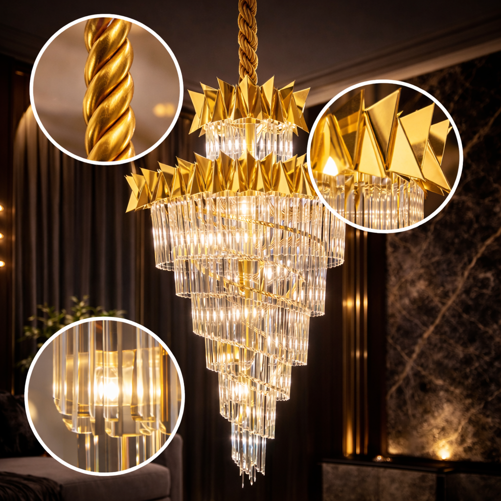 Golden Wedge Crystal Chandelier – Grand LED Statement Light