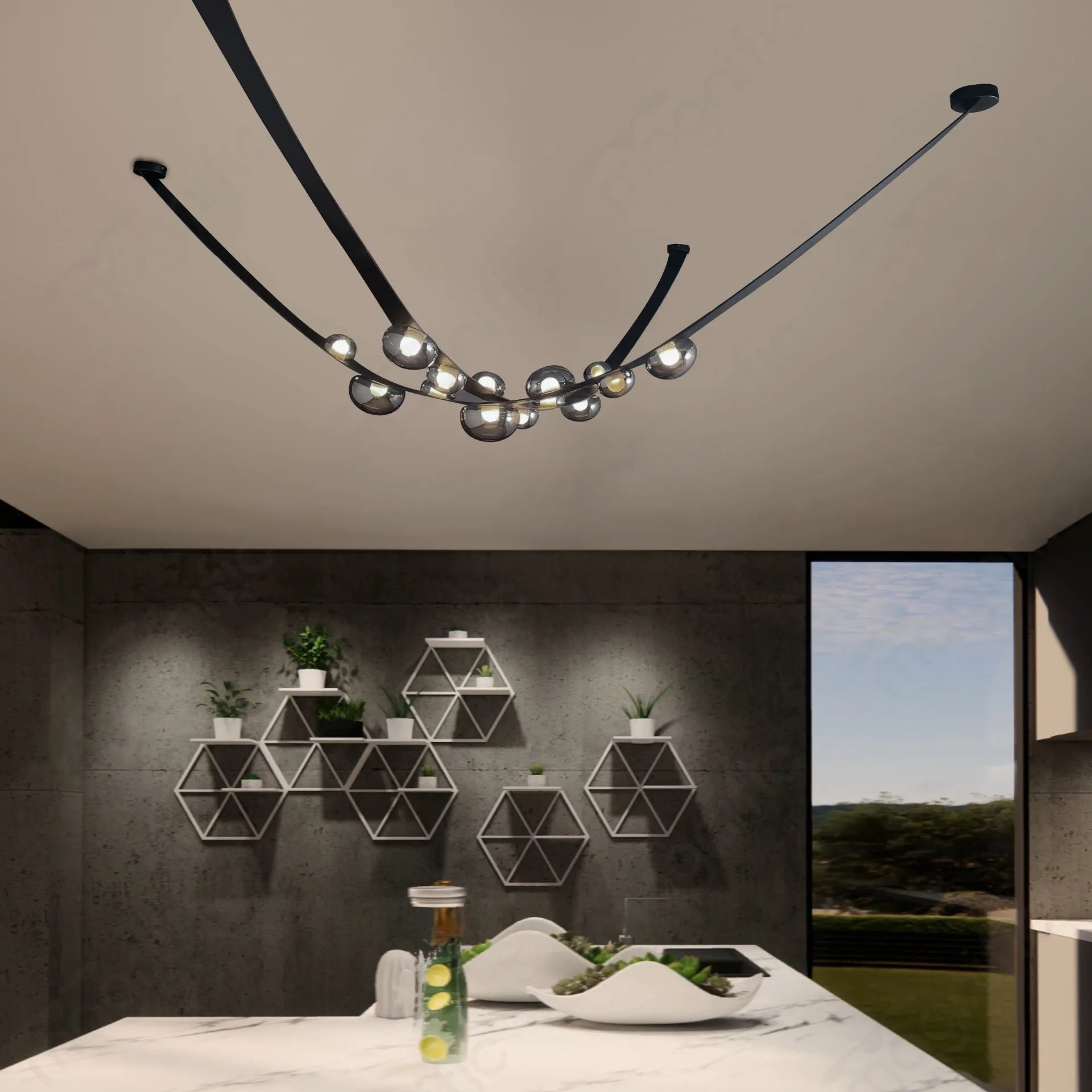 Black Leather Belt Smokey Glass LED Chandelier Hanging Light