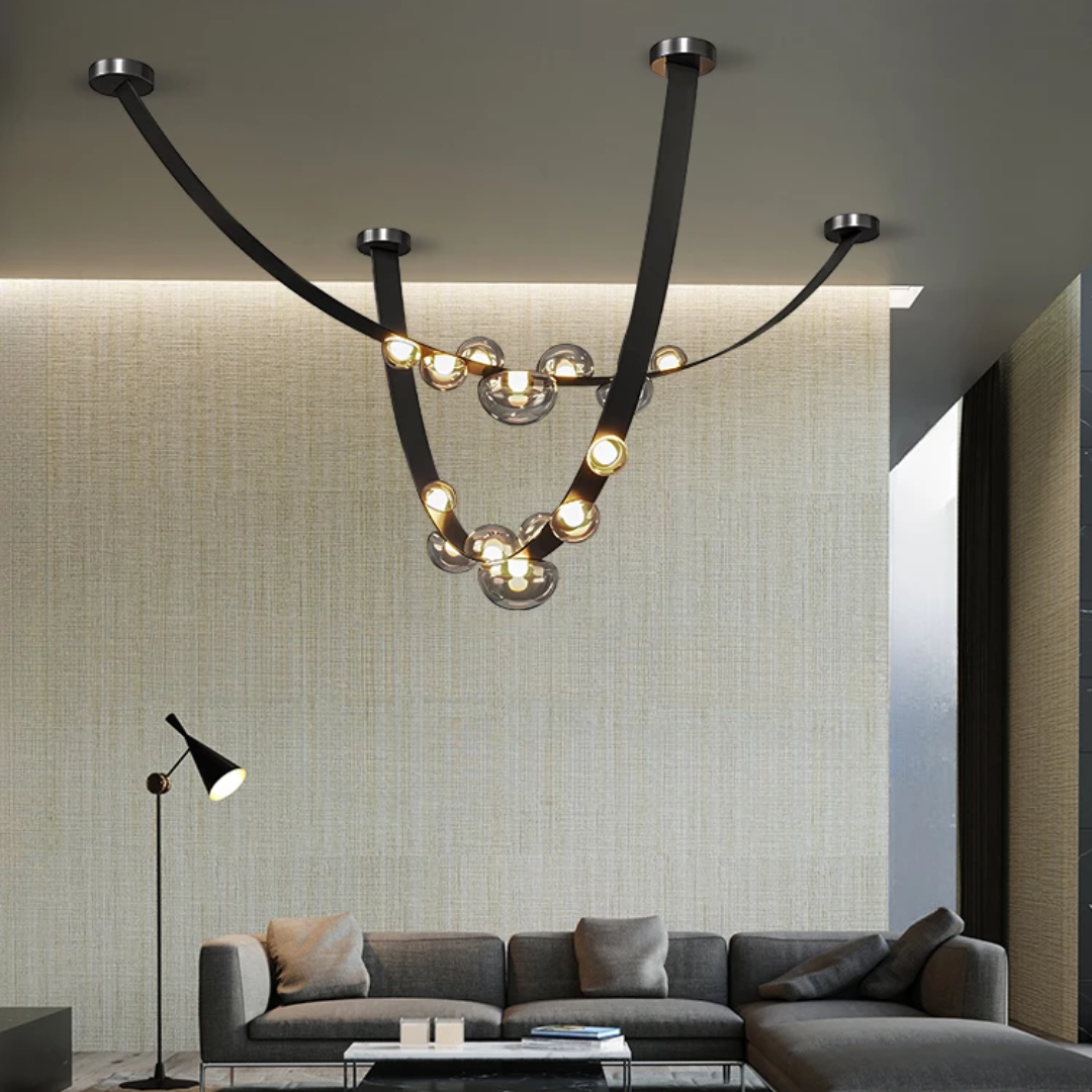 Black Leather Belt Smokey Glass LED Chandelier Hanging Light