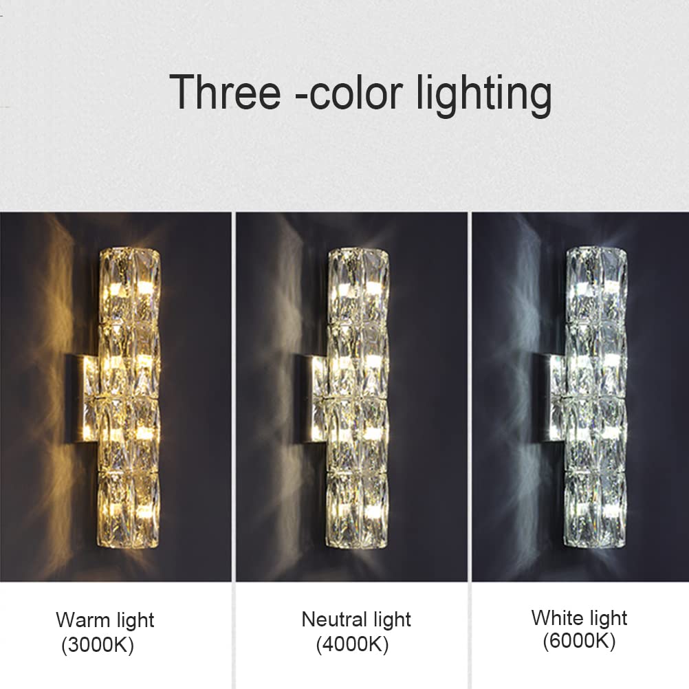 Three wall-mounted light fixtures showing warm, neutral, and white light on a gray background.