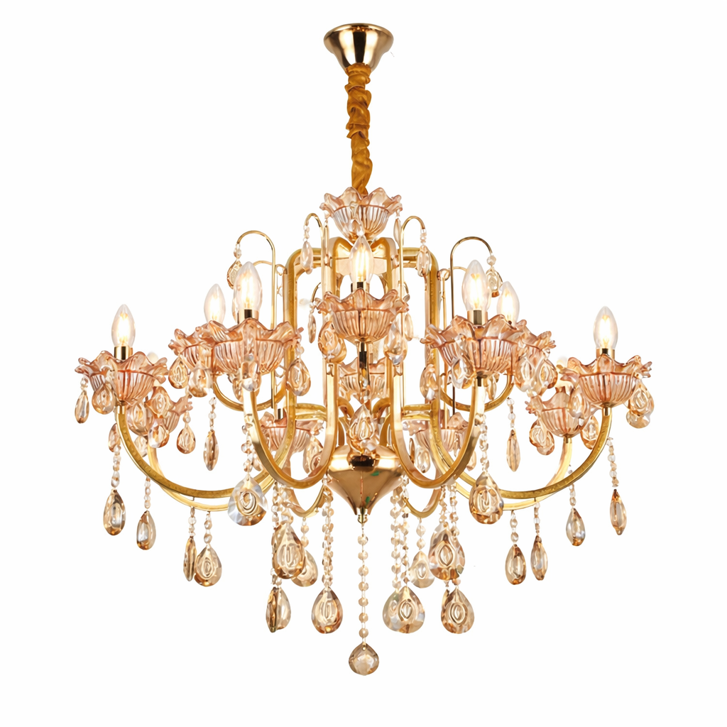Gold chandelier with crystal accents on a white background