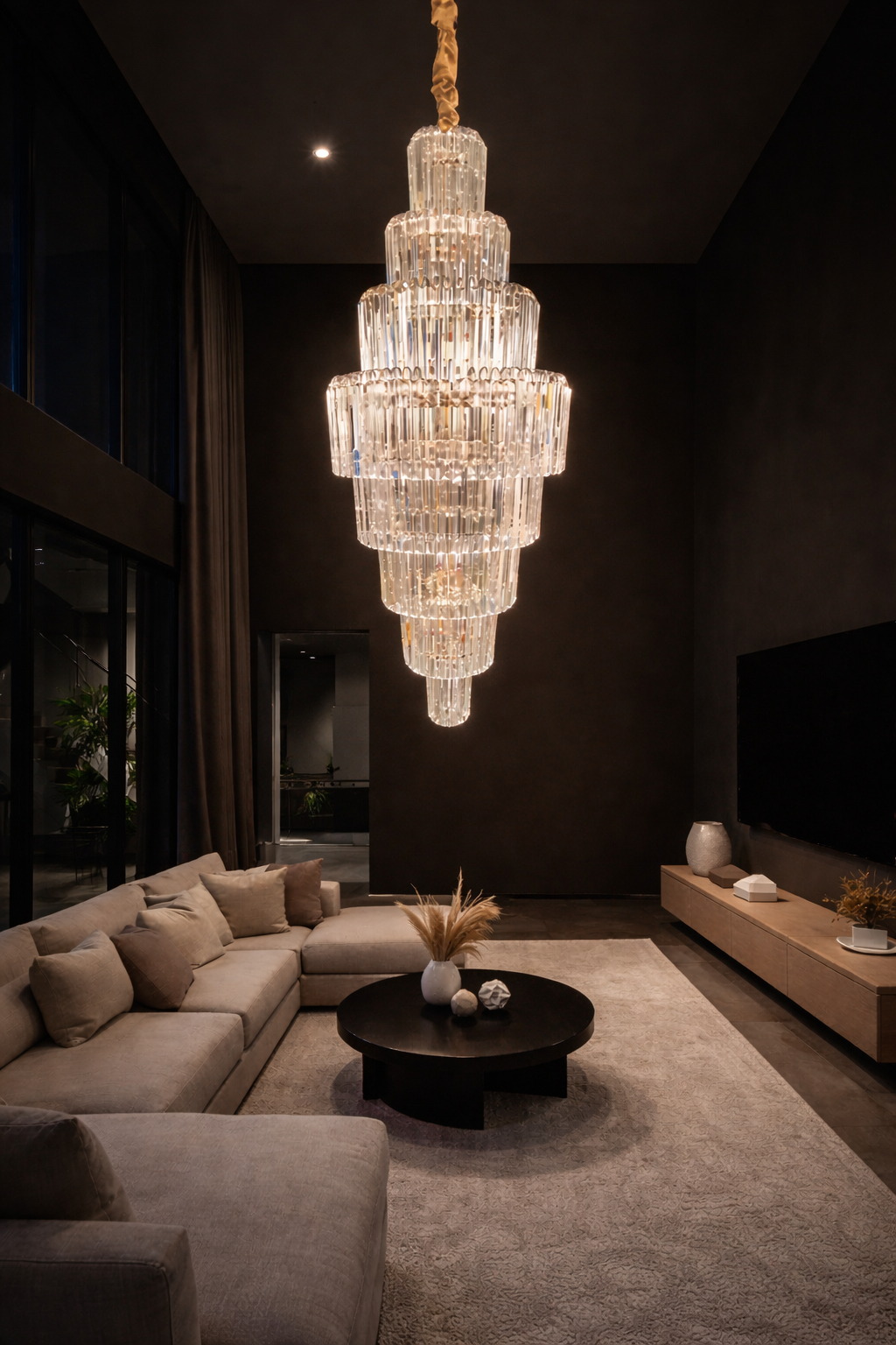 Luxurious chandelier hanging in a modern living room with a sofa and coffee table.