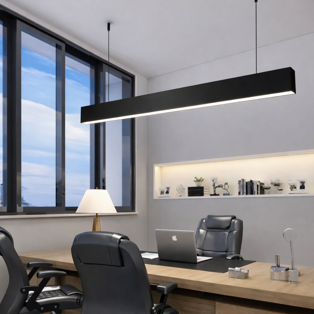 Modern office setup with a desk, chairs, and large windows.