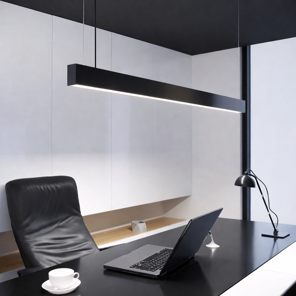 Modern office desk with laptop, chair, and lighting fixture.