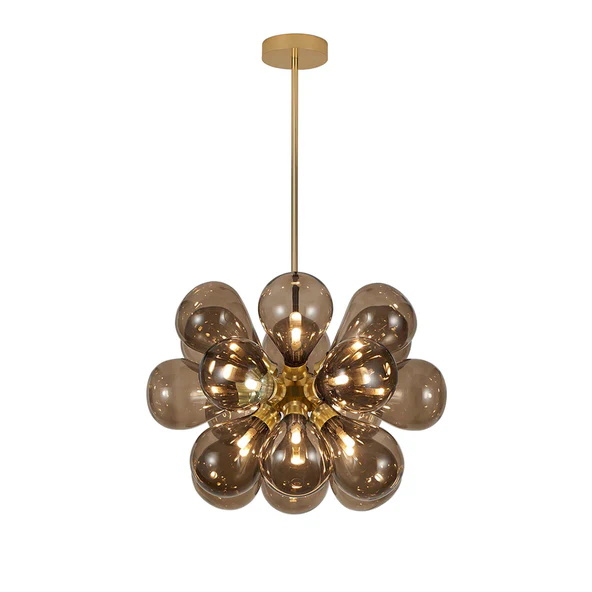 Gold chandelier with multiple spherical glass shades on a white background