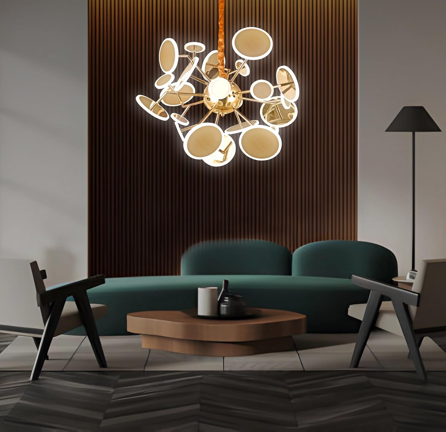 Modern living room with a stylish chandelier, green sofa, and wooden coffee table.