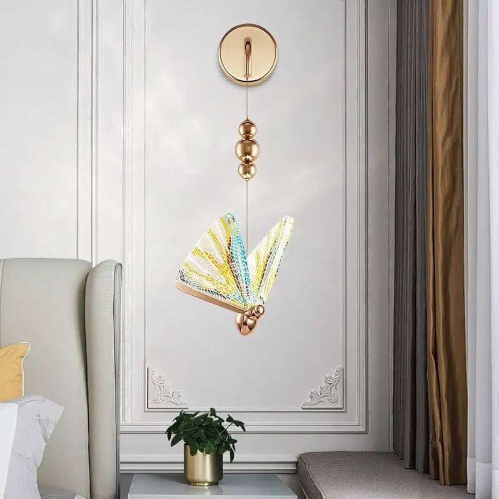 Modern wall-mounted light fixture with colorful design in a living room setting.
