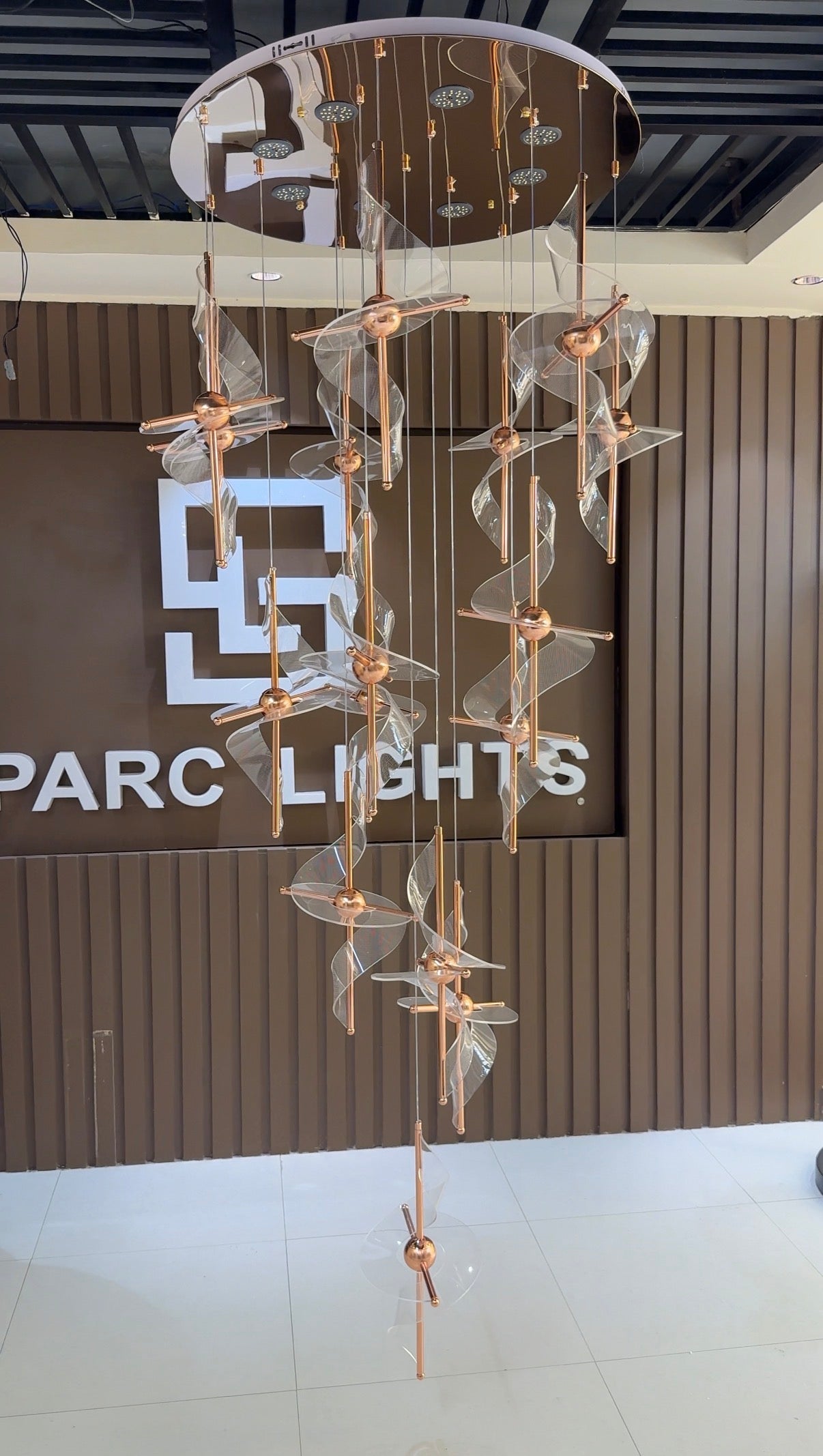 Decorative chandelier with dragonfly design in front of a Parc Lights sign.
