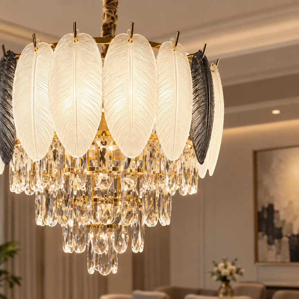 MODERN FEATHER GLASS CRYSTAL CHANDELIER
