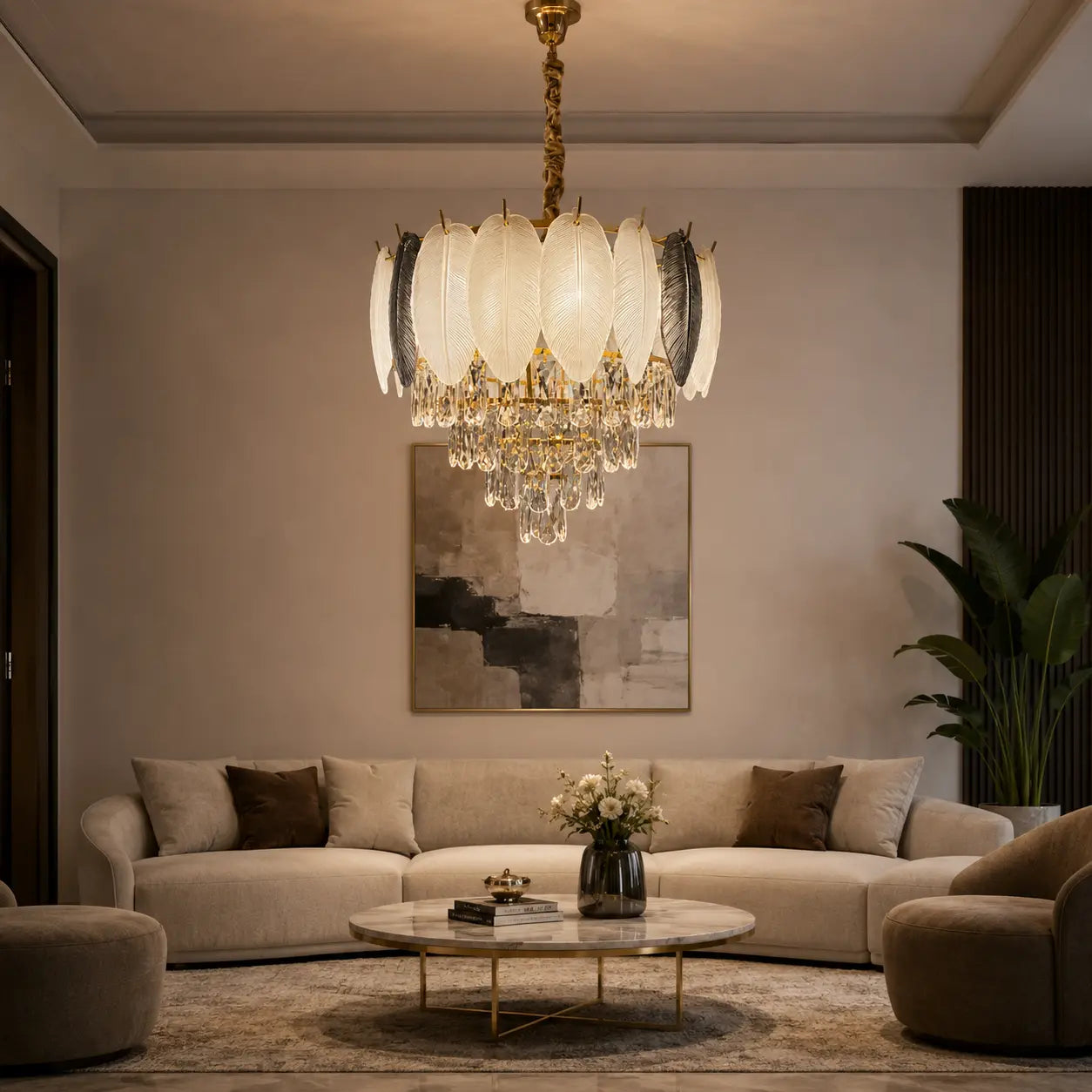 MODERN FEATHER GLASS CRYSTAL CHANDELIER