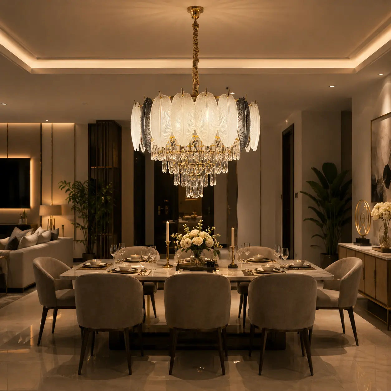 MODERN FEATHER GLASS CRYSTAL CHANDELIER