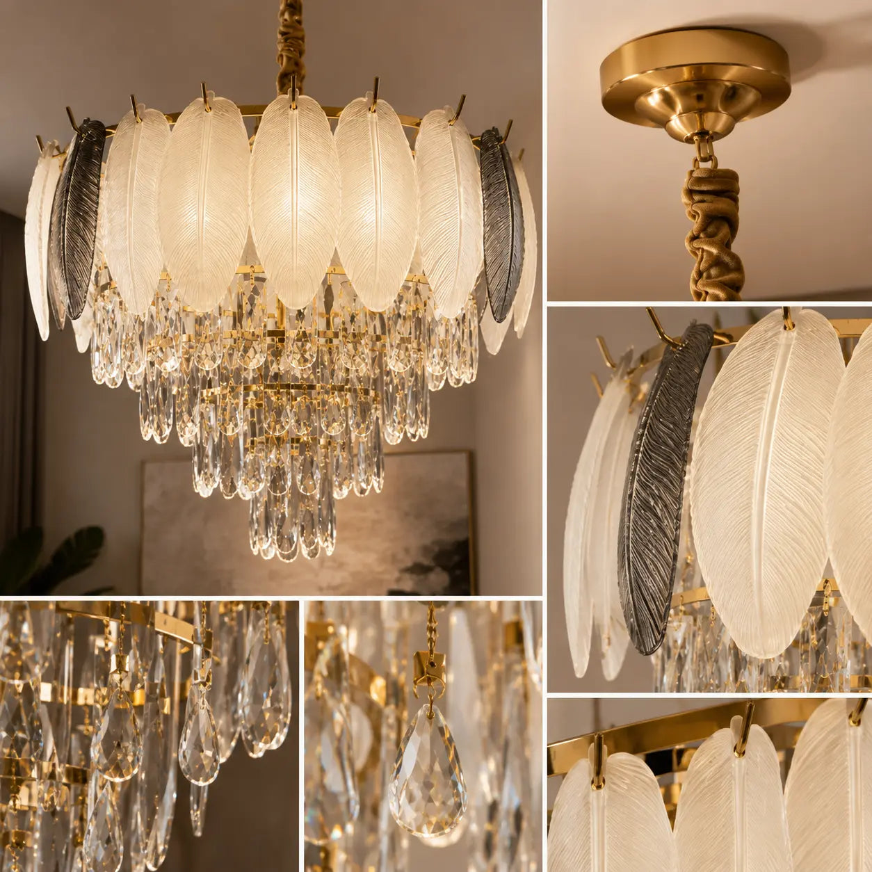 MODERN FEATHER GLASS CRYSTAL CHANDELIER