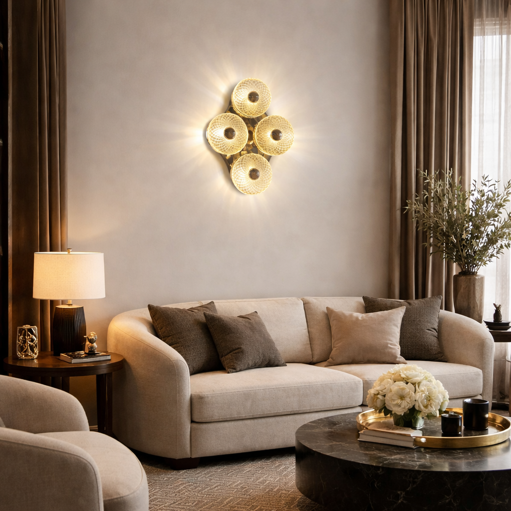 Modern living room with beige sofa, decorative wall light, and coffee table.