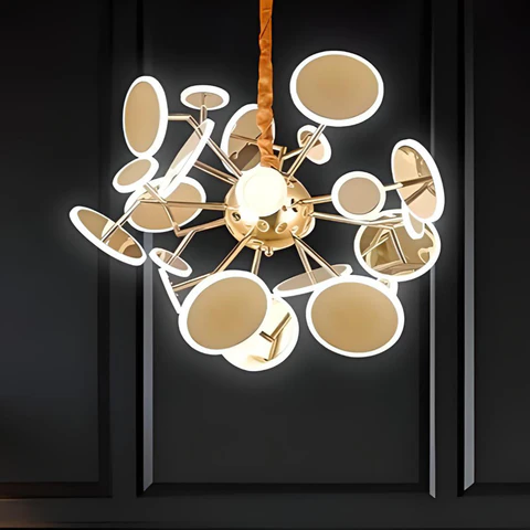 Modern chandelier with gold and white design on a black background