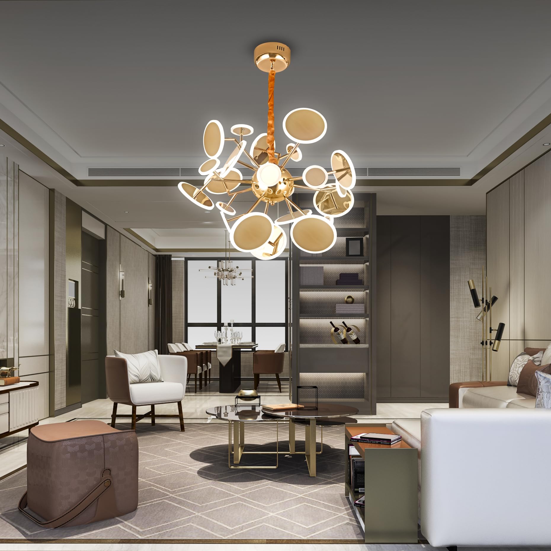 Modern living room with a stylish chandelier, furniture, and decor.