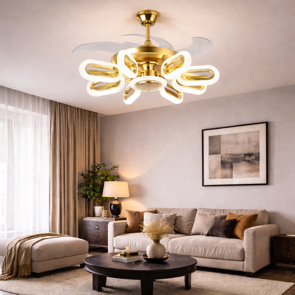 Modern 8 Way Oval Look Fan Chandelier – 3 Colour LED Ceiling Light
